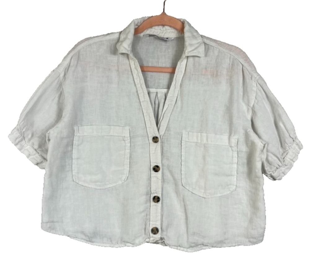 Zara Button Front White Blouse Women's Small Linen Puff Sleeve Sheer Relaxed